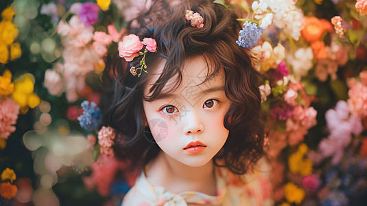 头戴花朵漂亮的卷发小女孩图片