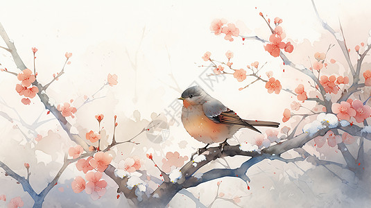 可爱漂亮的小鸟站在开满花朵的树枝上水彩风图片