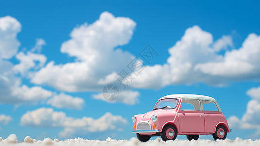 高高的蓝天白云下停着一辆粉色可爱的小汽车图片