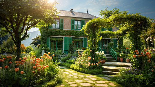 院子中爬满绿植的小房子图片