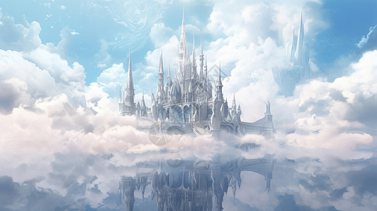 蓝天白云中一座神秘梦幻的欧式复古卡通城堡图片
