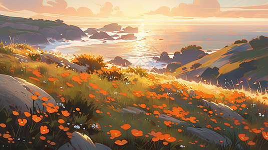 山坡上开满鲜花海面上夕阳卡通风景图片