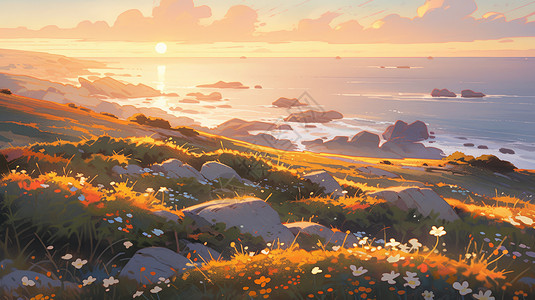 温暖的夕阳照在开满鲜花的山坡上唯美卡通风景背景图片