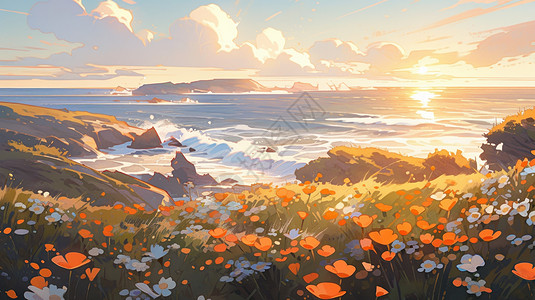 海边开满鲜花的山坡映衬着美丽的夕阳卡通风景图片