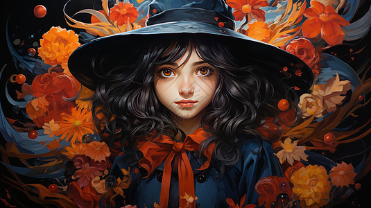黑色卷发戴帽子的卡通小女巫背景图片