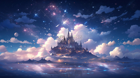 夜晚湖中心一座魔幻的卡通城堡被云朵围绕图片