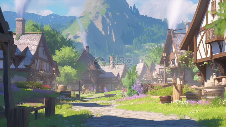 高高的山脚下美丽的卡通木制房子村落图片