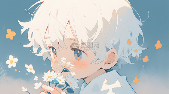闻花朵的白色短发可爱卡通小男孩图片