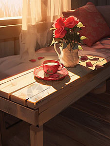 浪漫情人节玫瑰花和咖啡图片