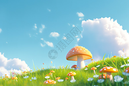 绿色草地上的大蘑菇游戏场景高清图片