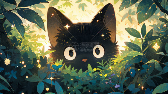 可爱的大眼睛黑色卡通小猫躲在草丛后图片