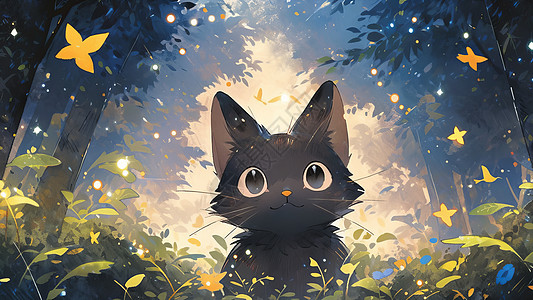 可爱的卡通黑色小猫在森林中图片