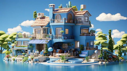 湖边美丽的立体卡通蓝色别墅背景图片