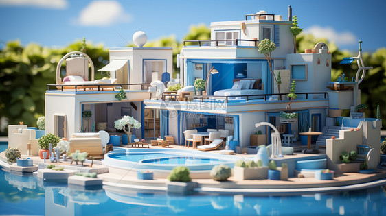 蓝色泳池旁一座蓝白撞色有设计感的立体卡通小别墅图片
