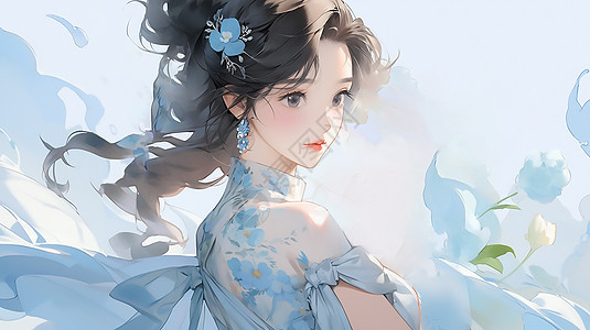 卡通古风美丽女生回眸插画图片