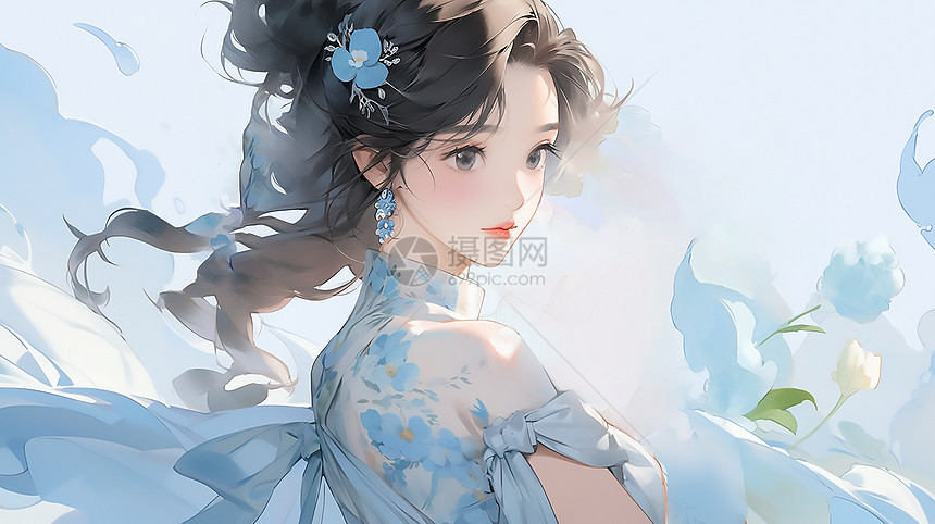 卡通古风美丽女生回眸插画图片