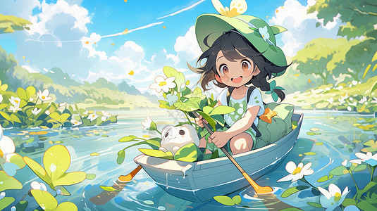 戴着绿色遮阳帽在湖面上划船的可爱卡通小女孩图片