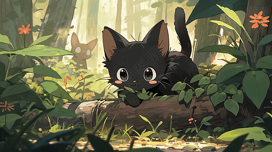 可爱的卡通小黑猫趴在森林中的木头上图片