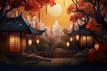中秋节古风建筑灯笼插画图片