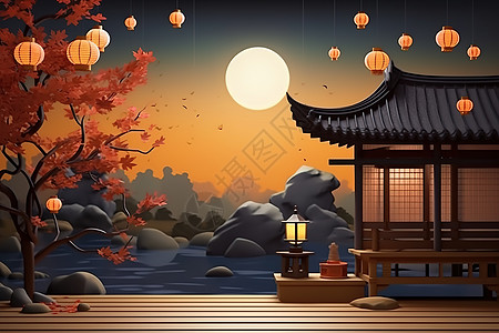 中秋节古风建筑灯笼节日插画图片