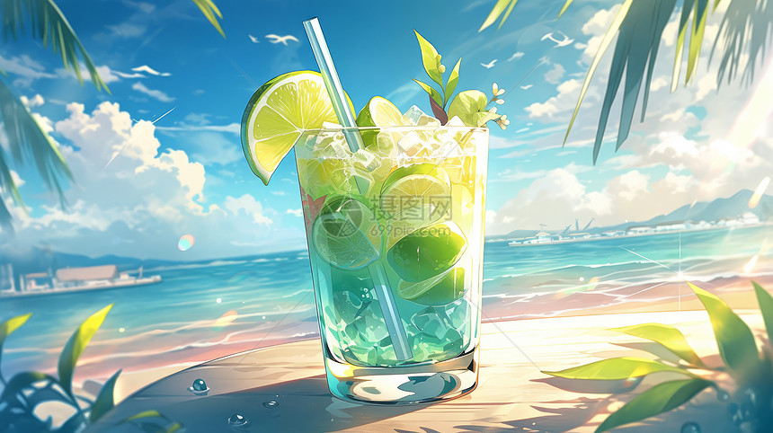 夏日海边清爽卡通柠檬汁饮料图片