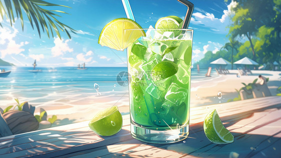 放在海边桌子上清爽柠檬果汁饮料图片