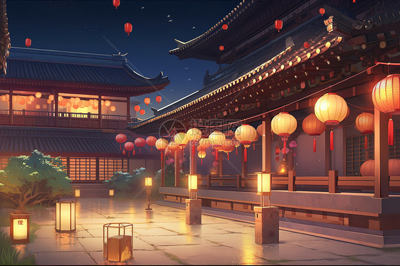 中秋节场景灯笼古建筑中国风图片