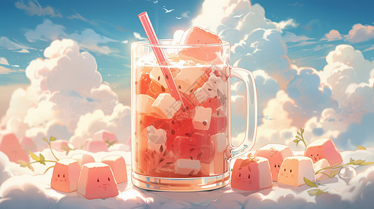 夏天玻璃杯中美味的卡通水果甜品图片