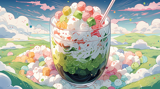 奶油抹茶在野外玻璃杯中抹茶绿渐变色可爱的卡通夏日饮品插画