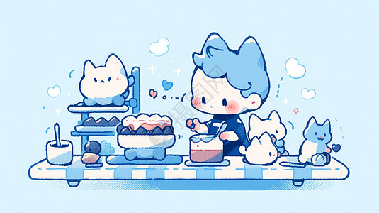 蛋糕制作素材蓝色调可爱的卡通男孩在给宠物做饭插画