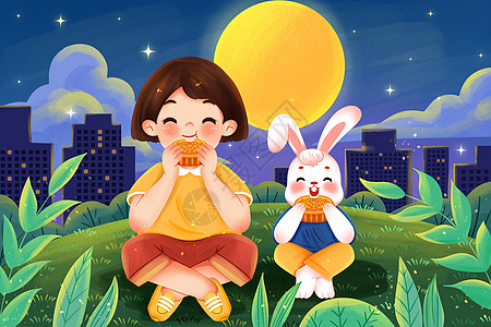 吃糖果小兔子坐在草地上吃月饼的女孩和小兔子插画插画