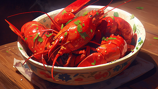 中式晚餐一碗红色龙虾插画