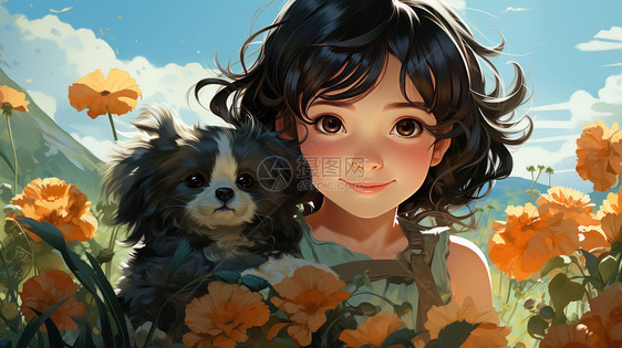 可爱的短发卡通女孩与宠物狗在花丛中图片
