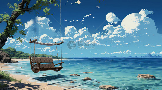 卡通风景蓝蓝的大海边一个秋千挂在树枝上图片