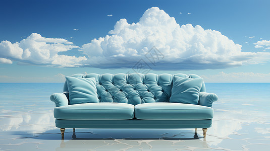 蓝色布艺蓝天白云下的湖面上一个蓝色双人布艺沙发插画