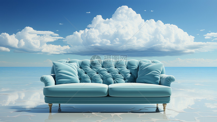 蓝天白云下的湖面上一个蓝色双人布艺沙发图片