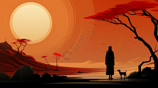 一个人与狗站在湖边的夕阳下唯美卡通风景图片