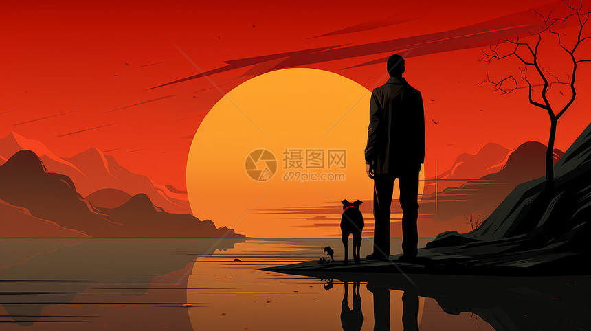 一个人与狗的背影站在湖边欣赏着大大的夕阳图片
