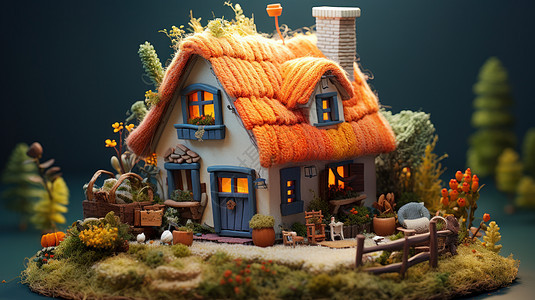 橙色毛线屋顶立体卡通小房子图片