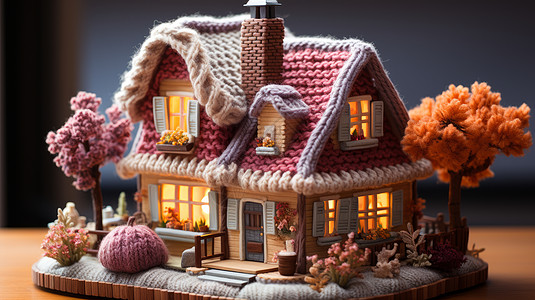 亮着灯的立体可爱的毛线手工小房子图片