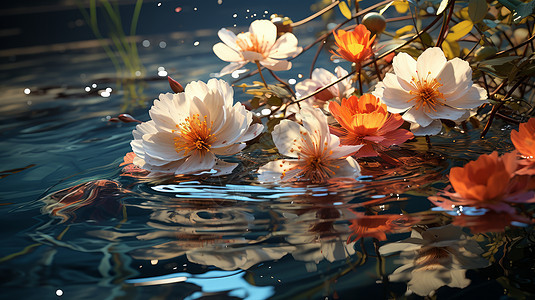 美丽的粉色花朵与橙色花朵在清澈的水中图片