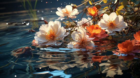 美丽的粉色花朵与橙色花朵在清澈的水中图片