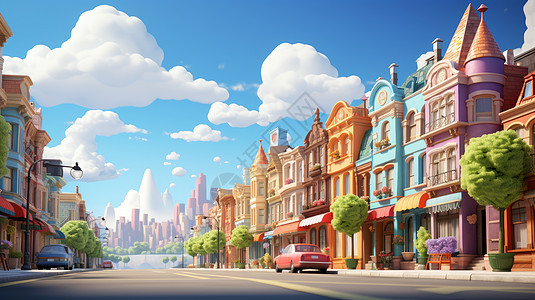 平坦的街道两旁漂亮的彩色卡通楼房背景图片