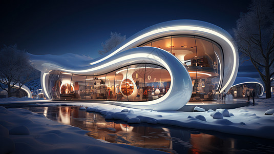 河边雪地上一座亮着灯的时尚科幻现代建筑背景图片