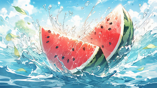 夏天清爽的新鲜的卡通西瓜掉在水中激起水花背景图片