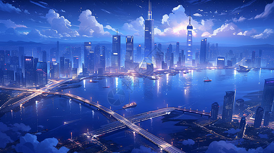 夜晚科技感卡通大都市中间一条宽敞的河背景图片