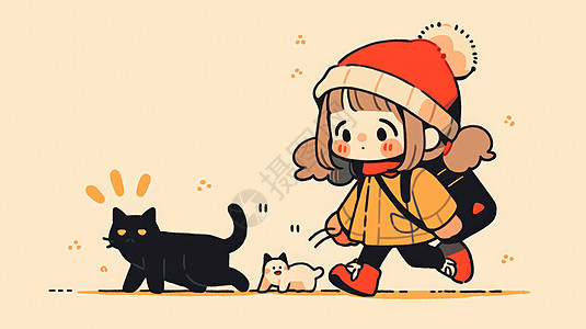穿黄色上衣戴着帽子的可爱卡通女孩与宠物猫放学走路回家图片