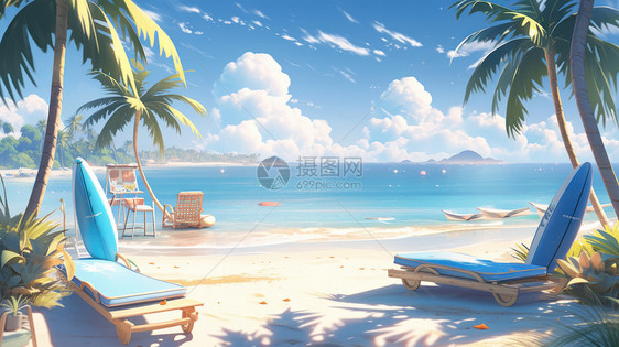 蓝天白云下美丽的大海与沙滩唯美卡通风景图片