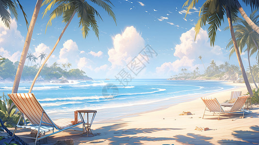卡通唯美沙滩海边椰子树下的休闲沙滩椅图片