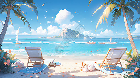 沙滩上两把休闲椅面向大海唯美卡通风景图片